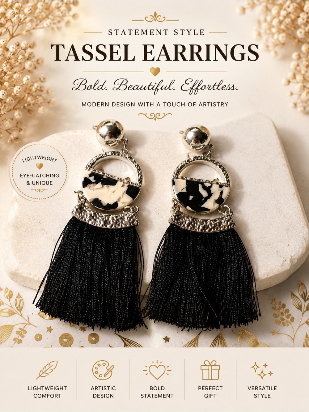 5/25 ✨✨ Statement Style Black Tassel Earrings with Silver Accents
